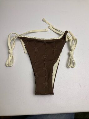 Brown Floral Embroidered Tie-Side Bikini Bottom with Cream Ties